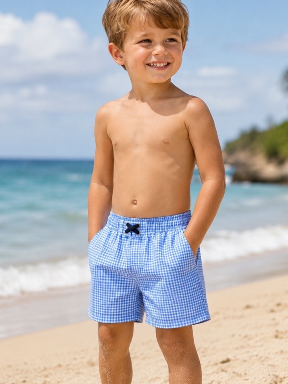 NWT Rugged Butts Toddler boy swim trunks cornflower blue gingham